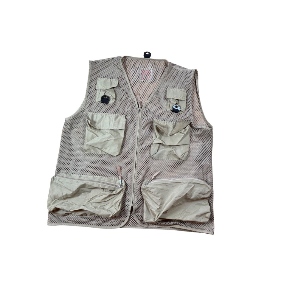 Vintage Knockout Sportswear Mesh‎ Vest Tan XL Multi Pocket Utility